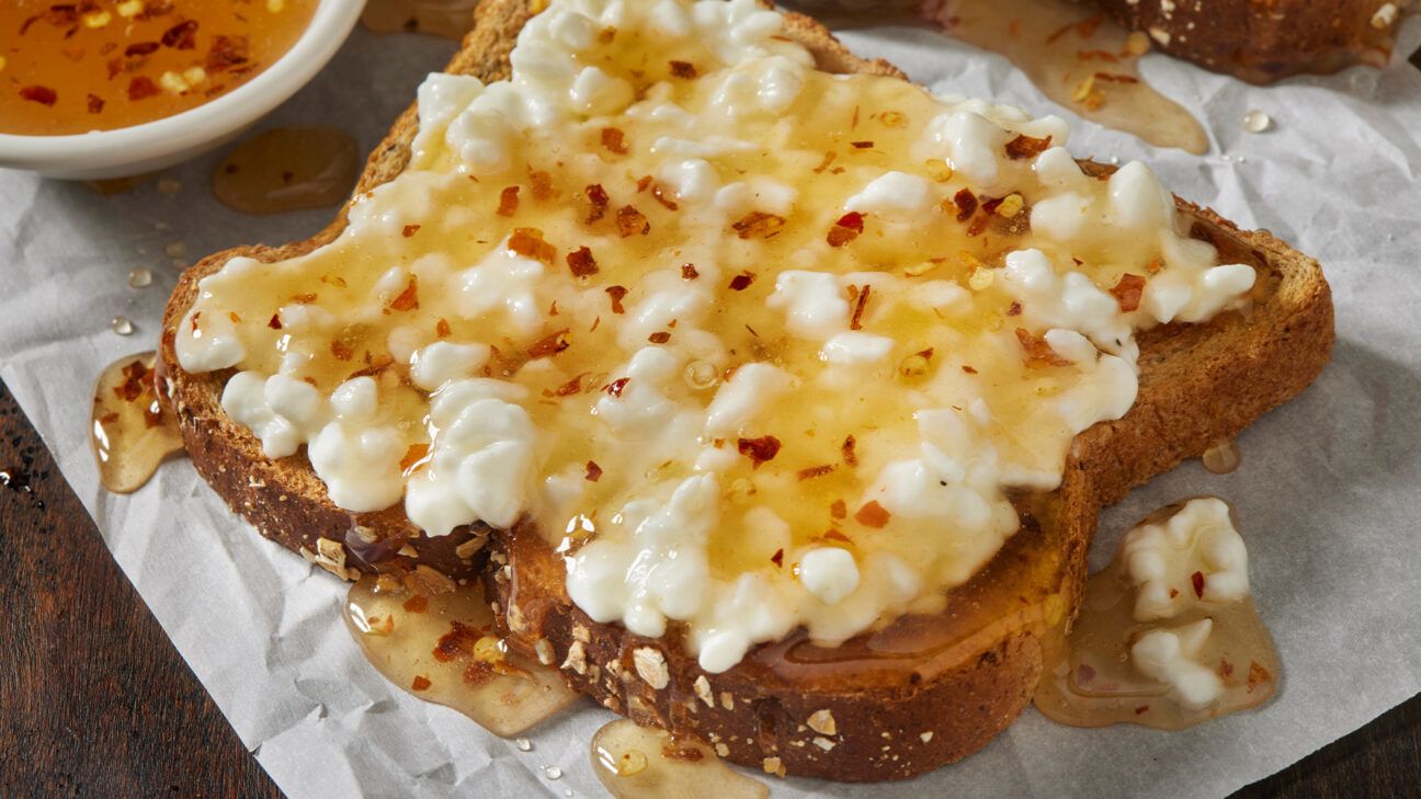 Cottage cheese on toast with honey.