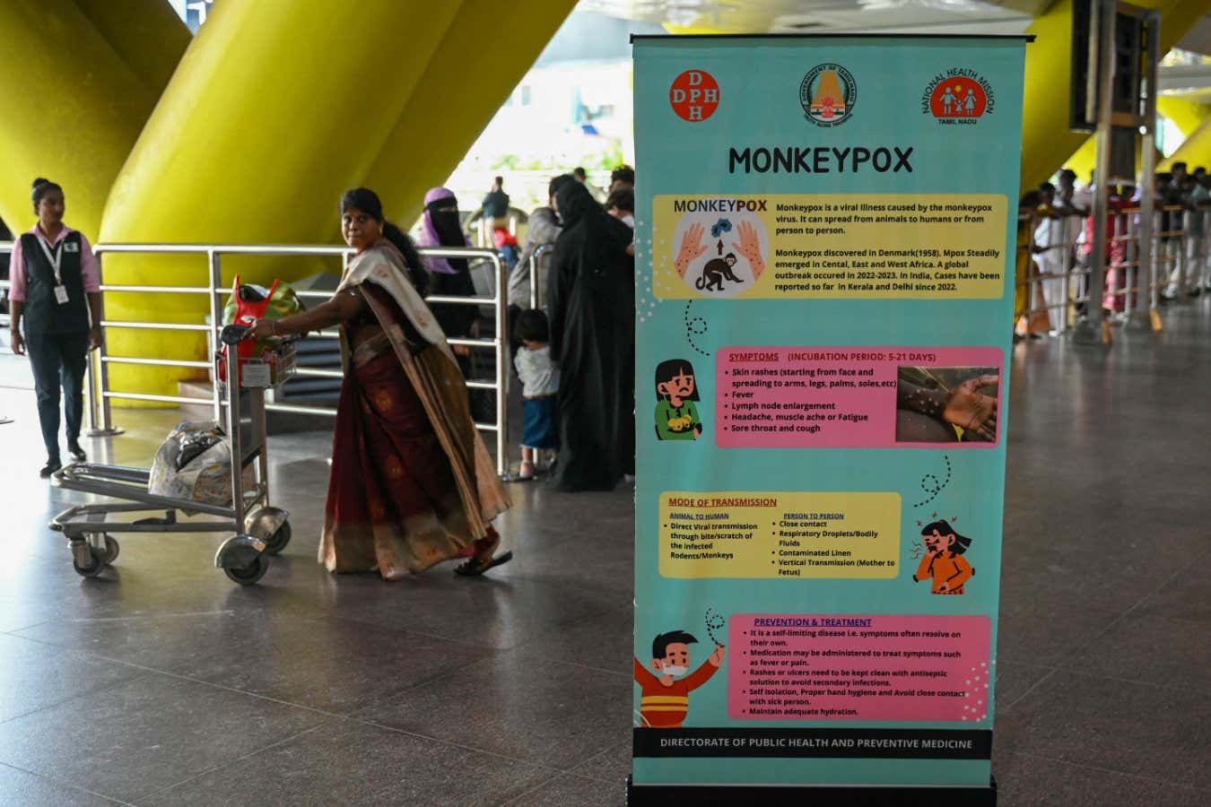 An mpox awareness banner at Chennai International Airport in India on 21 August