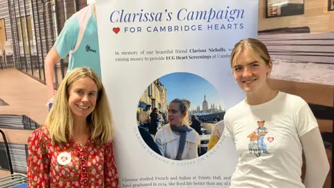 Robbie Kalus/BBC Two light-haired women - one, on the left, wearing a red and pink top, one, on the right, wearing a cream t-shirt bearing a teddy bear image - standing either side of a 