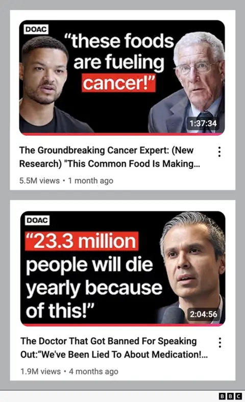 YouTube Two of the YouTube thumbnails advertising the podcast. The top one shows Mr Bartlett's head on the left and a grey haired man with glasses and a suit on the right. On a black background is white lettering with the quote, 'these foods are fuelling cancer' with the last word highlighted in red. They have the DOAV logo in the corner. 
The second image has a man with short grey hair in front of a microphone. In the same style as the other photo, there's a quote in white lettering which says '2.3 million people will die yearly because of this!'. His episode is titled underneath, 'The Doctor That Got Banned For Speaking Out: We've Been Lied To About Medication!'