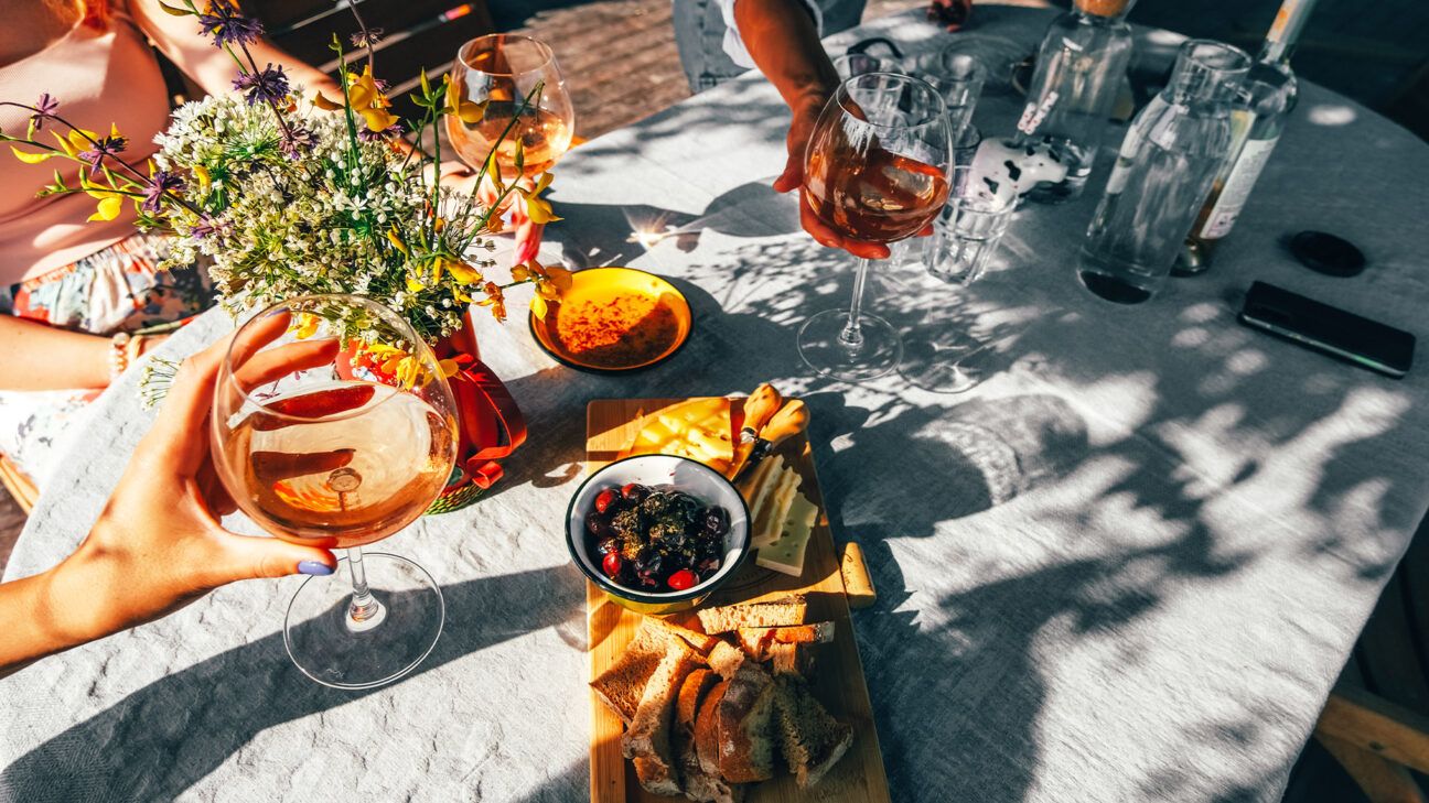 Wine and healthy Mediterranean food on a table