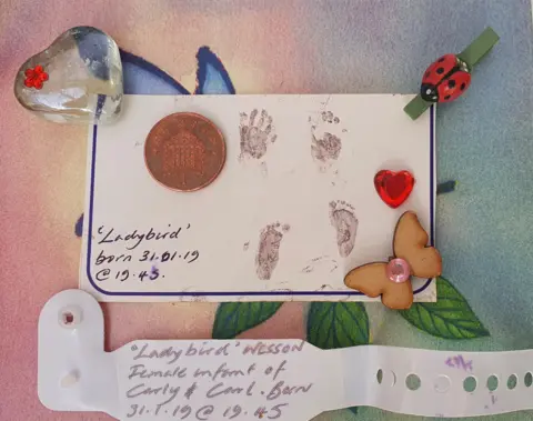 A note has the words 'Ladybird born 31.01.19 @19:45' written in pen. A one pence coin is stuck on the paper. To the right of it there are small hand and feet prints. There is a clear heart to the left and a ladybird peg attached to the right corner. There is a butterfly and a red heart too. Below the note is a hospital wrist band which says: 