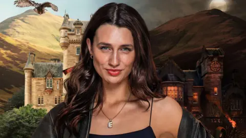 BBC / Studio Lambert Elen in her promo shot for The Traitors. She has long, dark, wavy hair and wears a black leather jacket over a black strappy top, a necklace with her 'E' initial and small hoop earrings. In the background is a picture of a castle and mountains, in daylight on the left, and nighttime on the right.