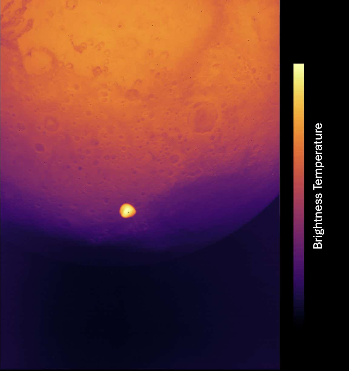 Deimos shines much brighter than Mars in this Thermal Infrared Imager image