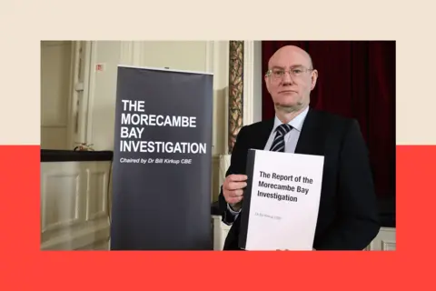 PA Media Dr Bill Kirkup holding the results of Morecambe Bay Investigation 