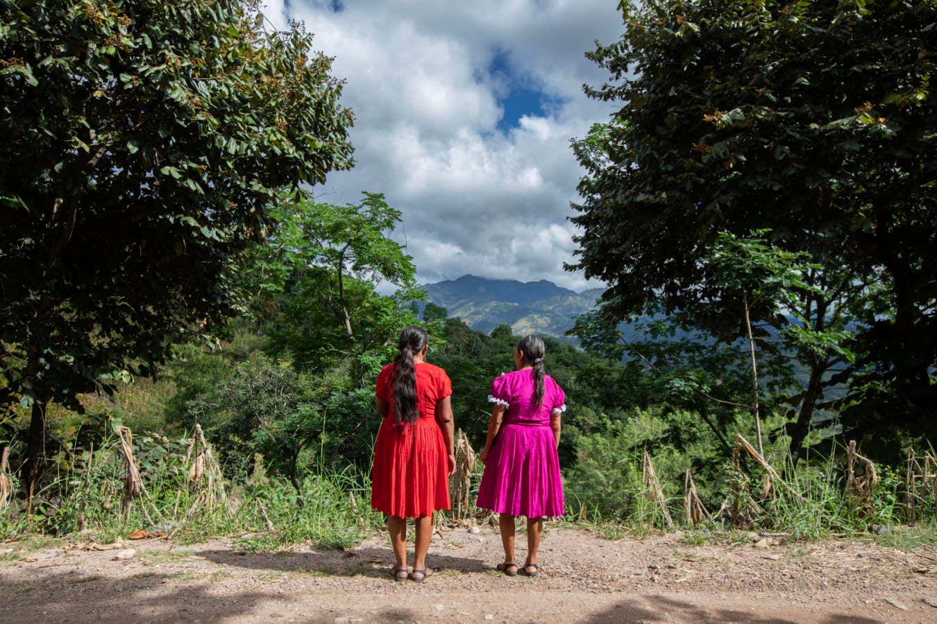 Guatemala - Cho?rti? women stand in front of the lush tropical forest wearing their traditional attire.