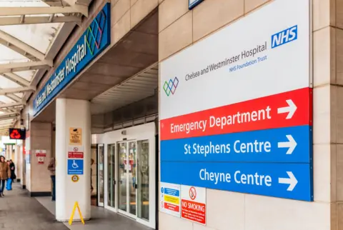Getty Images A sideview of the entrance to Chelsea and Westminster Hospital with the sign to its A&E department in the foreground 