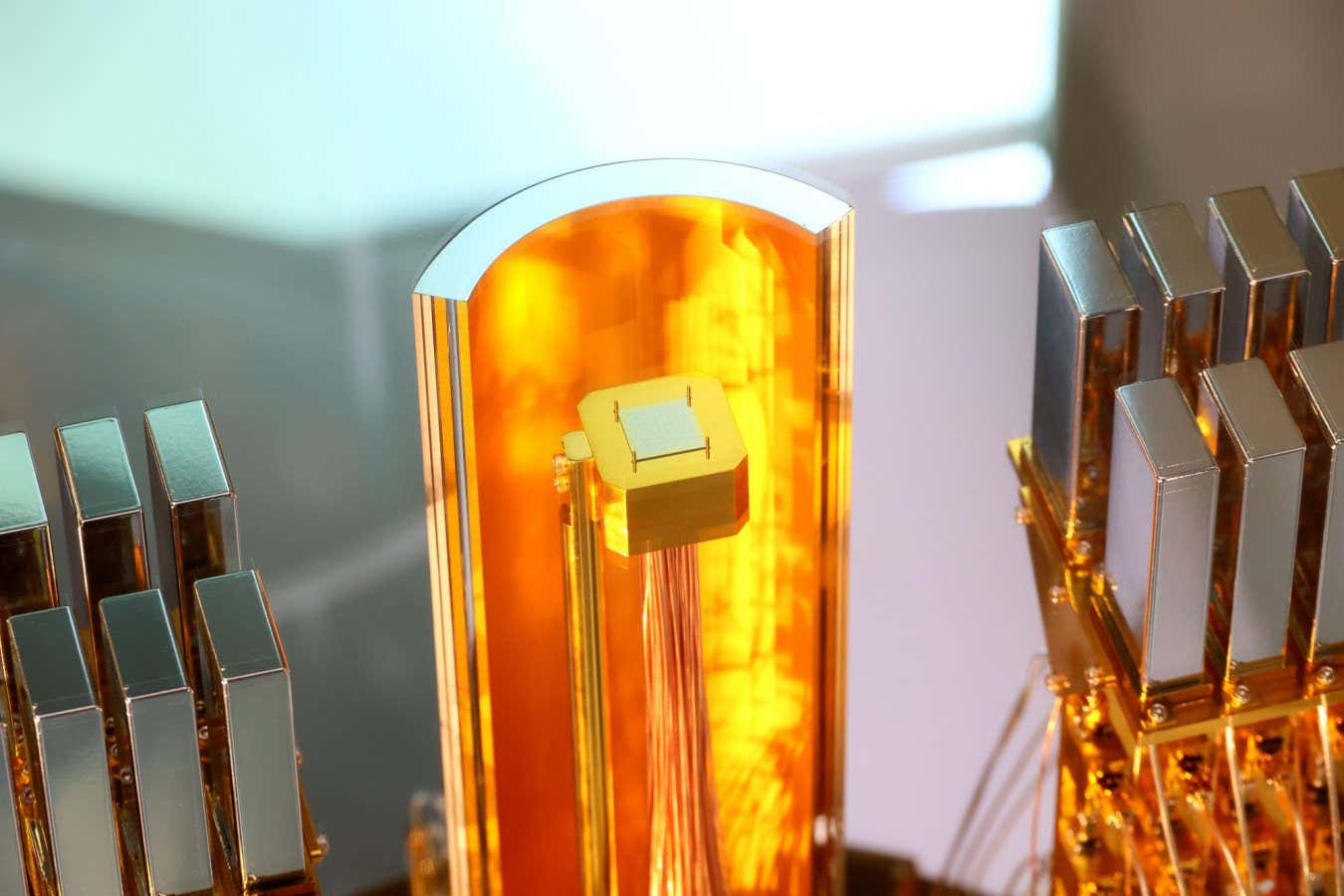 A 64 qubit chip, part of a quantum computer at the Fujitsu laboratory in Kawasaki, Tokyo