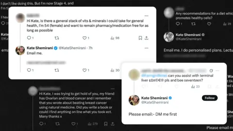 Graphic showing several posts on X overlapping each other, featuring people asking for advice from Kate Shemirani replying, requesting that they email her. One asks: