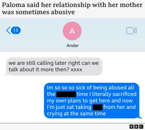 A graphic showing texts between Paloma and her boyfriend Anders, with Paloma telling him: