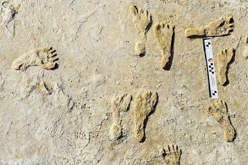 2NMK0YF This undated photo made available by the National Park Service in September 2021 shows fossilized human fossilized footprints at the White Sands National Park in New Mexico. According to a report published in the journal Science on Thursday, Sept. 23, 2021, the impressions indicate that early humans were walking across North America around 23,000 years ago, much earlier than scientists previously thought. (NPS via AP)