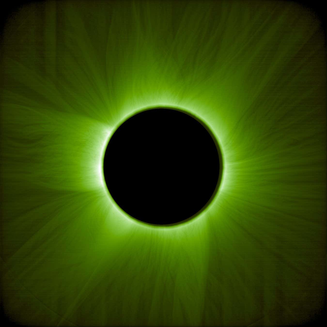 The darker green image shows electron-depleted iron in the hottest regions of the corona