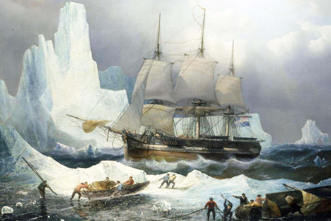 2M7PPCR HMS EREBUS trapped in the ice in 1846 during the third Franklin expedition to find a Northwest Passage .Painting byFrancois Musin about 1850