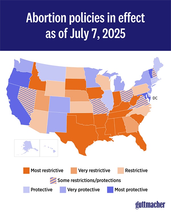 photo of Abortion policies in effect as of July, 7 2025.