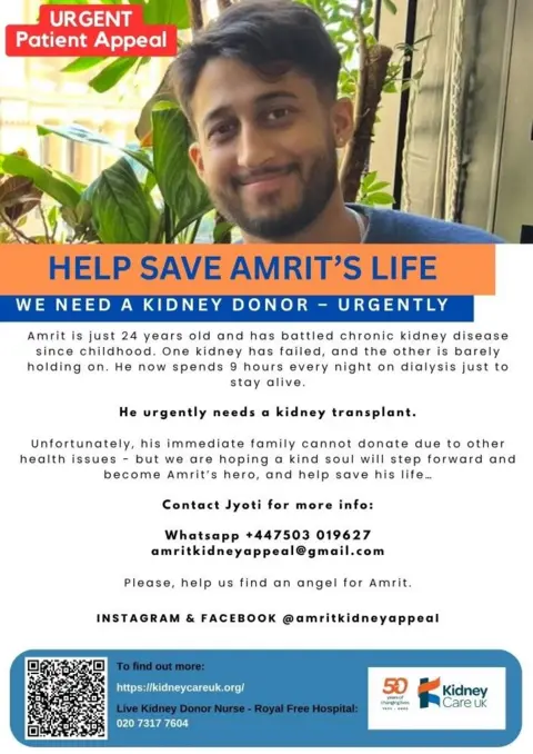 Kidney Care UK Poster for Amrit's kidney appeal. the poster states : 