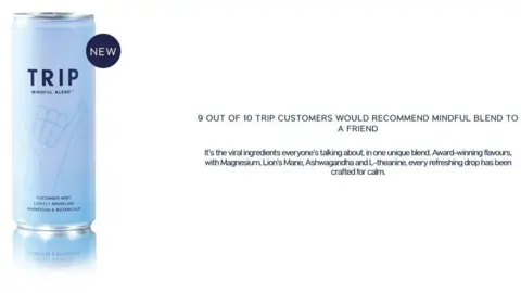 TRIP via ASA Part of a screen shot of the Trip banned advert from its website, showing a light blue can of Trip drink. In text it says a host of ingredients are 