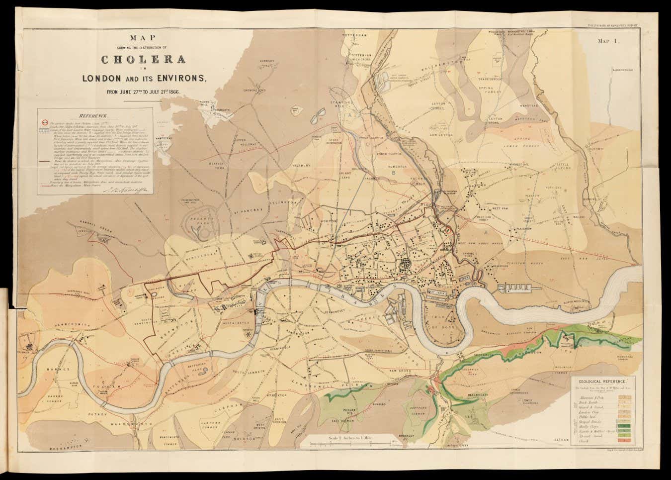 Map showing the distribution of cholera in London and its environs, 1867 Journal, paper Courtesy of Wellcome Collection London?s last cholera outbreak occurred in 1866. It affected areas with poor sanitation, primarily in the East End of the city. Snow?s findings influenced how subsequent cholera incidents were handled, based on the principle that cholera was waterborne. Mapping helped identify infection hotspots and contaminated water sources. This enabled targeted sanitation interventions, improving water supply and reducing spread. Having begun in the summer, the outbreak had already subsided by the autumn. Cholera outbreaks catalysed major improvements in London?s water system. The city?s present sewerage system was installed in the 1860s by the Metropolitan Board of Works and its engineer Joseph Bazalgette.
