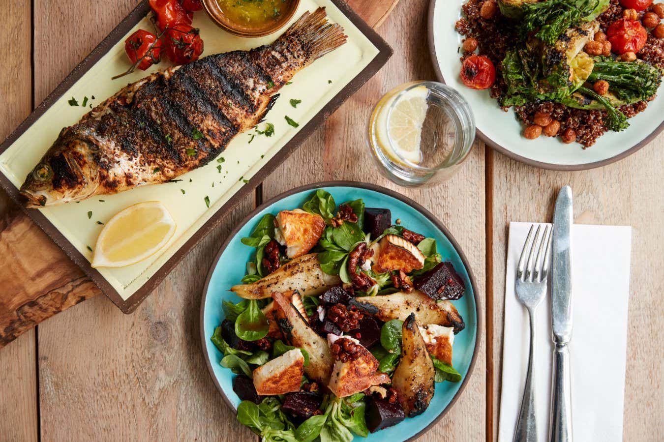Three Mediterranean-style plates of food. This dietary pattern helps dampen inflammation