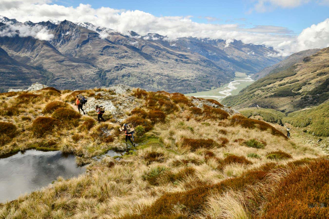 Southern Lakes Sanctuary field rangers install a line of stoat traps in the Kea Basin. Stoats are a particular threat to indigenous alpine species including Kea, Rock Wren as well as the endangered flightless Takahe which also spend time in alpine areas. Southern Lakes Sanctuary is a consortium of regional conservation groups involved in the suppression of predators that threaten New Zealand's indigenous species.