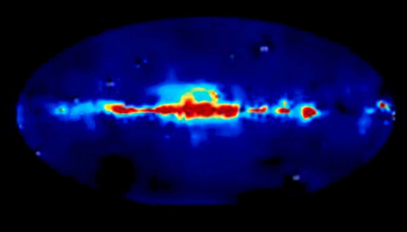 A heatmap of a gamma ray burst, revealing a high-energy burst signal at the centre (in red), which fades out in intensity along a line that runs horizontally through the image.
