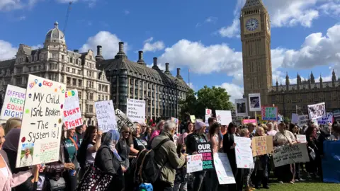 BBC/Kate McGough Dozens of parents stand on a sunny Parliament Square with Big Ben in the background holding signs calling for the rights of their children with special educational needs to be protected. The most prominent sign says 'My child isn't broken -the system is.