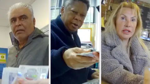 BBC A composite image showing three individuals filmed during the investigation. On the left, a man with grey hair is staring at several cash notes, held by an undercover researcher. In the centre, another man reaches towards the camera with cash in his hand. On the right, a woman with blonde hair and a grey coat sits at a café table.