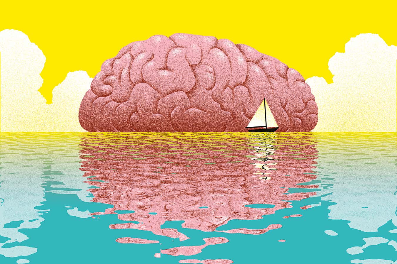 A depiction of a large brain floating on calm water, with a sail boat passing by.