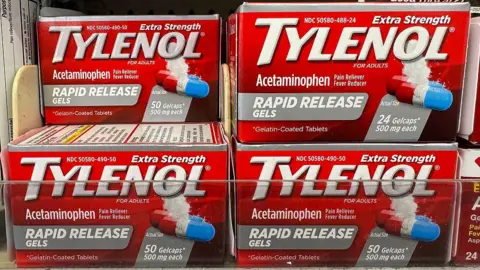 Getty Images Packages of 50 500mg Tylenol tablets on display on the shelf at a pharmacy in California, USA, on 22 September 2025. The packaging reads: 