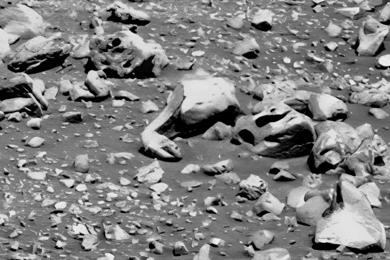 Handout still for the film Blue Planet Red. Wrench Tool and Container Discovered by Rolf Varga, the Spirit Rover photographed two funny-looking rocks that resemble a wrench and open-top container laid on its side. https://blueplanetred.net/images