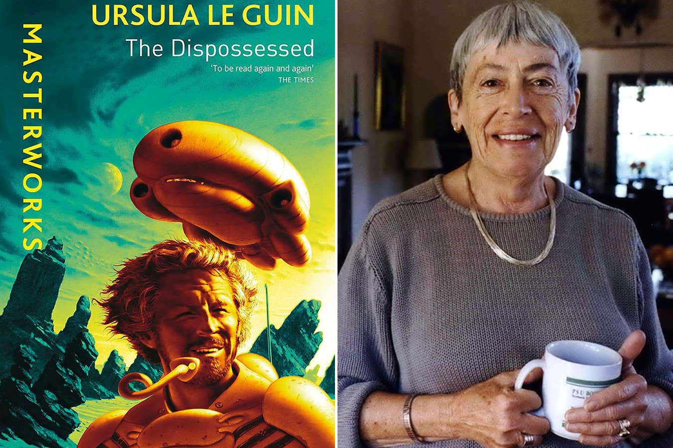 Left: Cover of The Dispossessed. Right: Ursula K. Le Guin in 2001