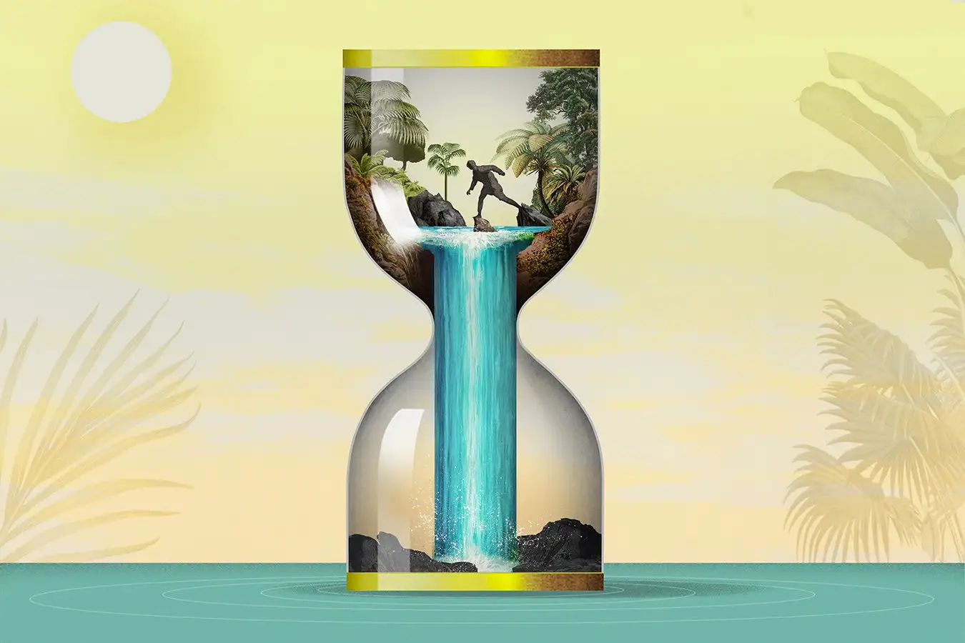 An illustration of an hourglass with a figure in nature inside the top half and a waterfall flowing into the bottom half