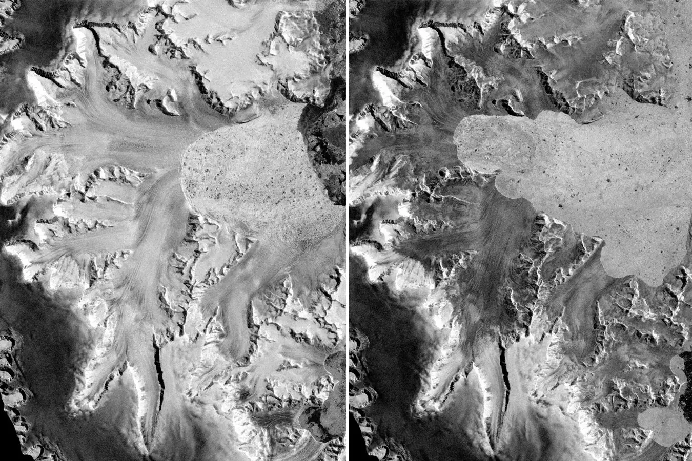 Antarctic. Terminus of Hektoria Glacier. At left date 26th October 2022 and at right date 23rd Feb 2023