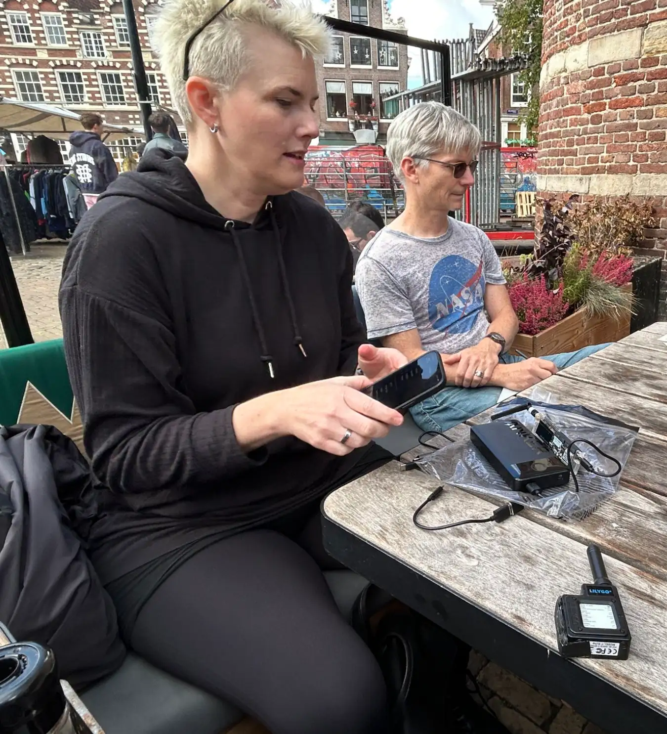 Valerie Aurora experimenting with a Meshtastic radio