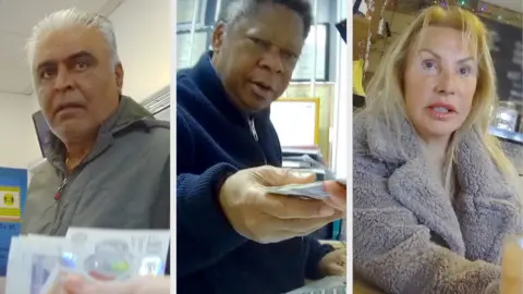 A composite image showing three individuals filmed during the investigation. On the left, a man with grey hair is staring at several cash notes, held by an undercover researcher. In the centre, another man reaches towards the camera with cash in his hand. On the right, a woman with blonde hair and a grey coat sits at a café table.