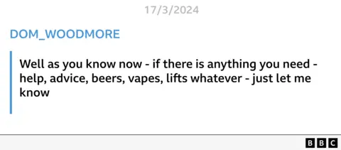 A message police found on Lipscombe's Snapchat, under the profile name Dom reads:  Well as you know now - if there is anything you need - help, advice, beers, vapes, lifts whatever - just let me know