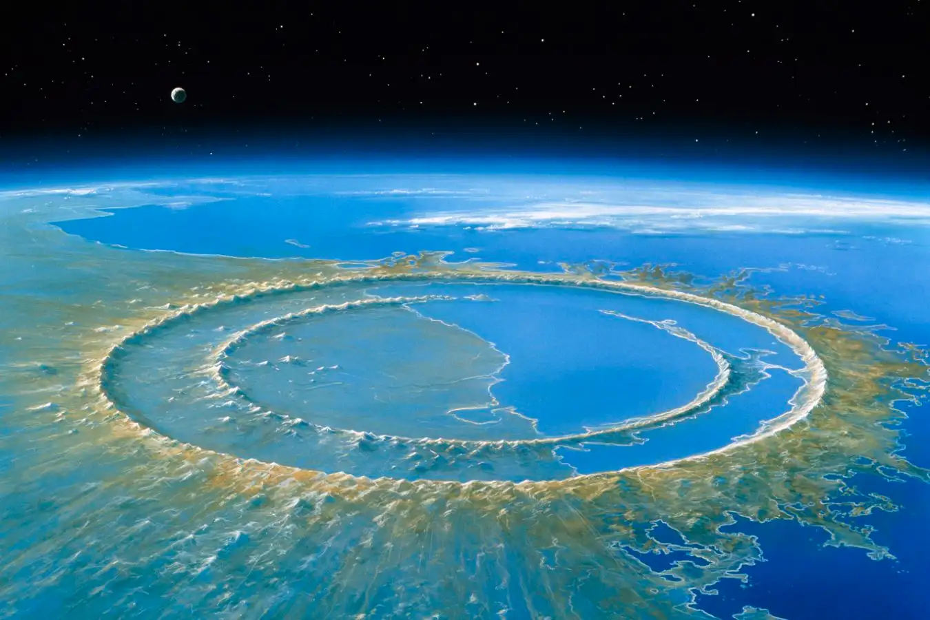 Chicxulub crater. Artwork of the Chicxulub impact crater on the Yucatan Peninsula, Mexico, soon after its creation. This impact may have caused the extinction of the dinosaurs and 70% of all Earth's species 65 million years ago. The crater is about 180 kilometres (km) wide and was caused by an asteroid or comet core which was 10-20 km across. The impact threw trillions of tonnes of dust into the atmosphere which may have blocked the Sun's light and caused global climate changes. The remains of this debris are found worldwide as a layer in rocks known as the
