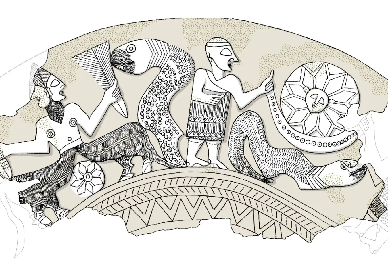 The scene depicts a cosmic order emerging from chaos, with figures like serpents and deities (credit: ? Israel Museum, Jerusalem, by Florika Weiner).