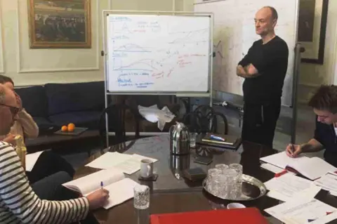 Covid Inquiry Dominic Cummings standing by a whiteboard in the prime minister's office in Downing Street on Saturday 14 March 2020. To his left is the data scientist Ben Warner. Also in the room, according to Cummings, were Boris Johnson, special adviser Chloe Watson, director of communications Lee Cain, Faculty AI CEO Marc Warner, principle private secretary Imran Shafi, and deputy principal private secretary Stuart Glassborow.