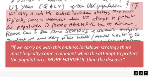 Hand-written note from Boris Johnson with the sentence highlighted saying: “If we carry on with this endless lockdown strategy there must logically come a moment when the attempt to protect the population is MORE HARMFUL than the disease.
