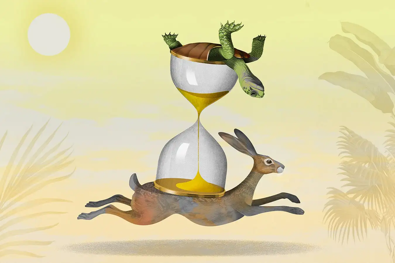 An illustration of an hourglass with a tortoise on top and a hare below