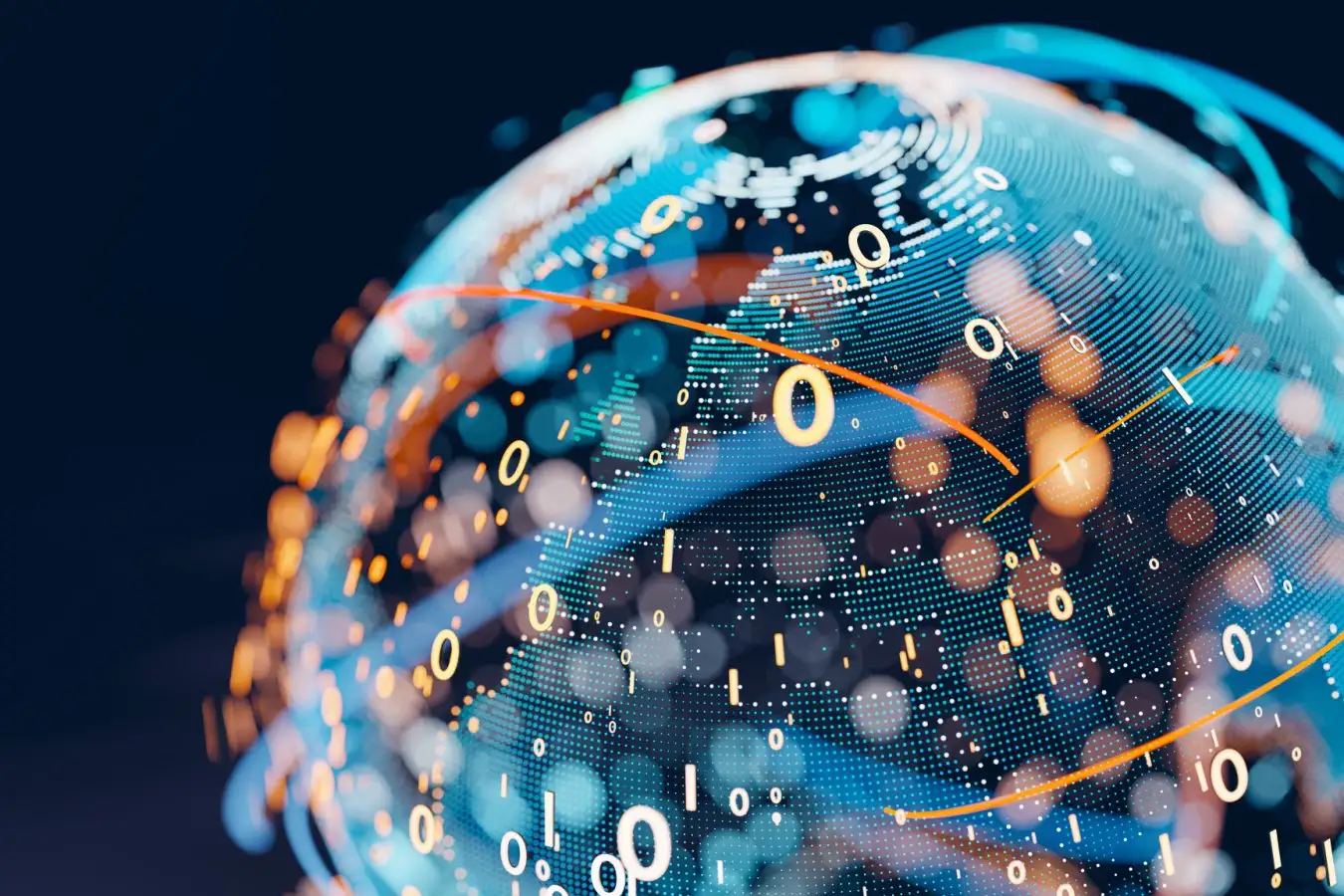 Earth (focus on Europe) represented by little dots, binary code and lines - big data, global business, cryptocurrency 3D render