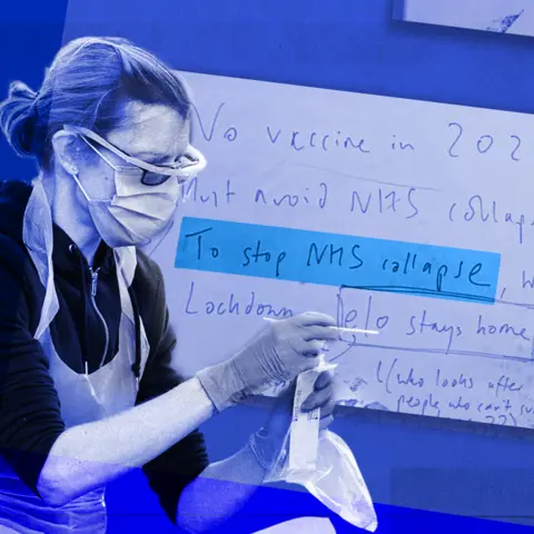 BBC A female medical practitioner wearing gloves and holding a Covid test. Behind her is a an extract of a handwritten document with words highlighted saying: 