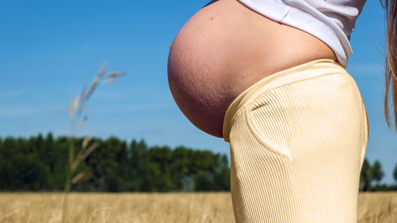 Pregnant person exposes belly in a field outdoors
