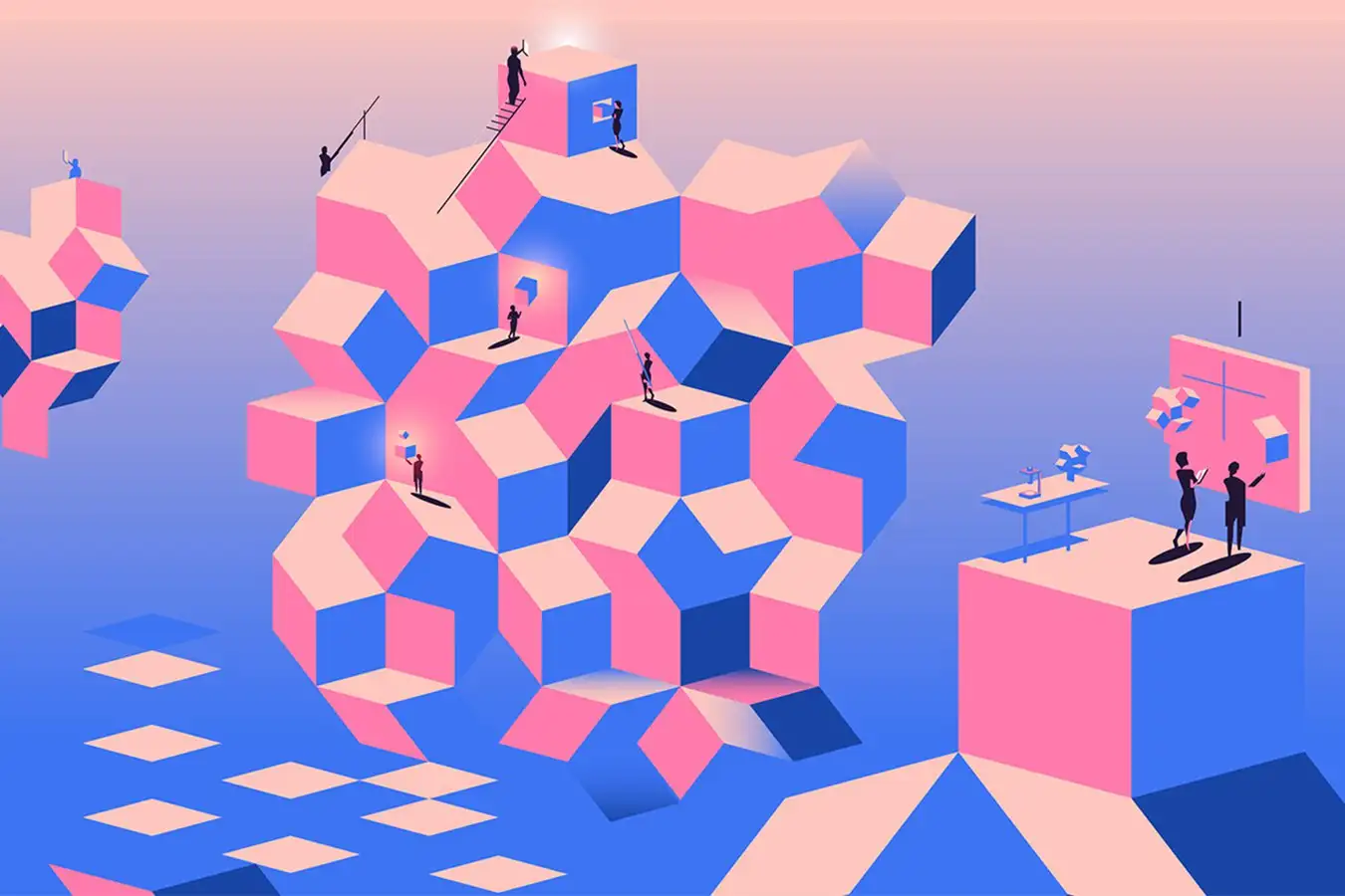 People searching for quasicrystals in a surreal pink and blue landscape, reminiscent of a quasicrystal's non-repeating atomic structure