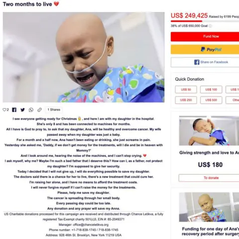 Chance Letikva A fundraising campaign page for Ana - it shows her crying, wearing a nasal tube, and the caption at the top of the page reads 