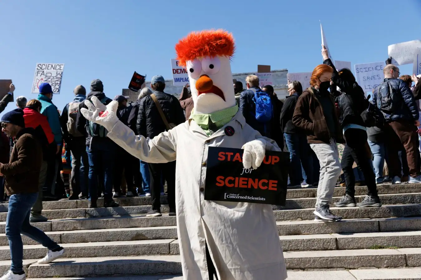 Protesters gather during a ???Rally for Science,??? against cuts to science and research funding outside the Lincoln Memorial on the National Mall in Washington DC, on Friday, March 7, 2025. Elon Musk???s Department of Government Efficiency (DOGE) and the Trump Administration have severely cut funding for disease and biomedical research amidst emerging threats to public health. (Photo by Aaron Schwartz/Sipa USA)