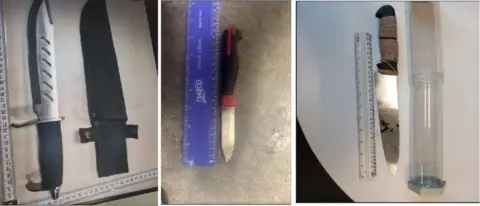 University Hospitals Birmingham Three images of knives next to rules or measuring tools.