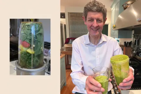Hugh Pym pictures with his homemade smoothie
