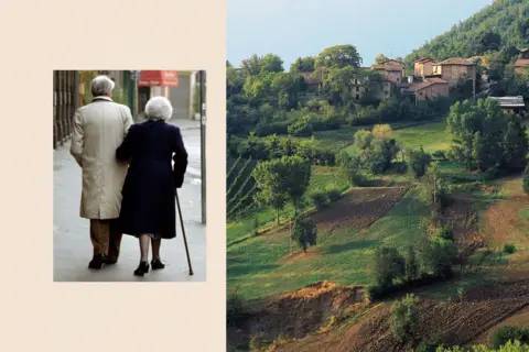 Universal Image Group / Getty Left: an elderly couple. Right: green hills.