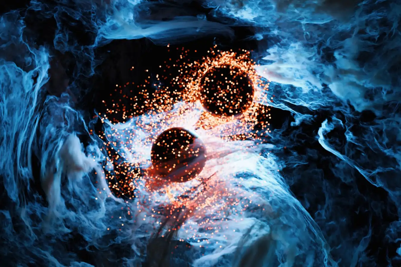 A rendering of two bright orange particles against an abstract background.